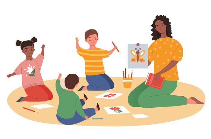 Illustration av förskoleledare och barn som lär sig saker.